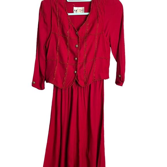 S.L. Petites Midi Long Sleeve Dress Women's 8 Red Jacket Tie Back Modest Vintage - Picture 10 of 15